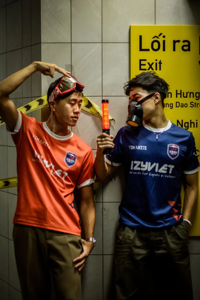 Saigon Street FC jerseys in subway posing in Ho Chi Minh City in Vietnam